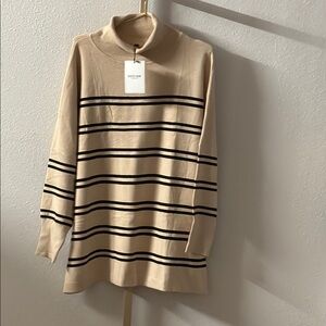 Etcyy New Beige Striped Turtleneck Sweater